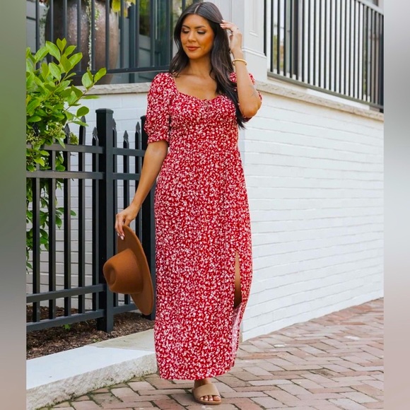 Wine Floral Print Smocked Maxi Dress - Picture 2 of 12